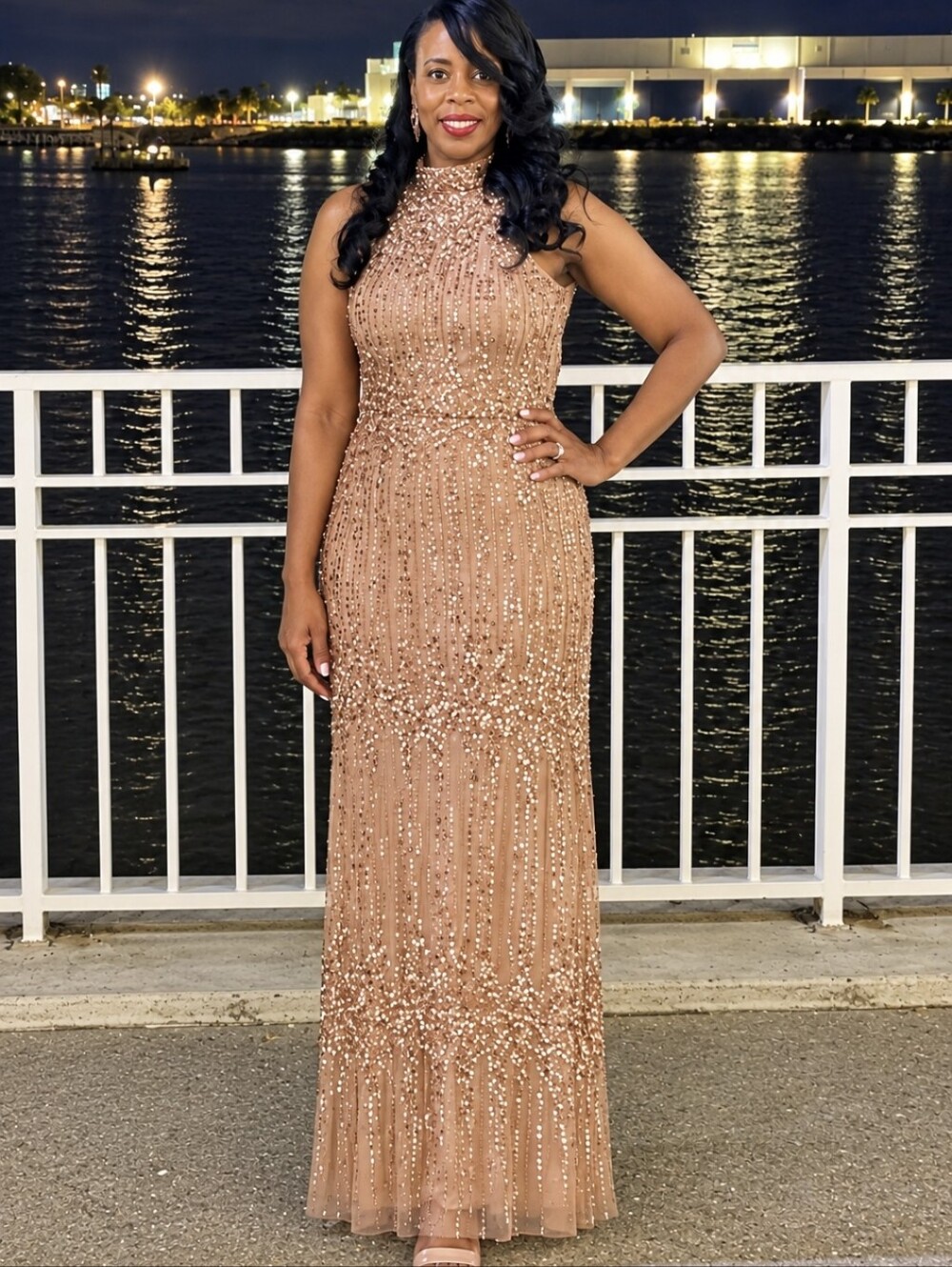 Adrianna Papell Rose Gold Sequin Halter Gown